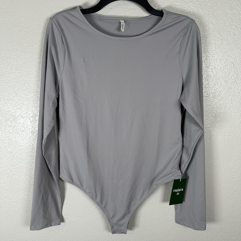 NEW HALARA Crew Neck Long Sleeve Stretch Bodysuit Womens Size Large Gray Basic